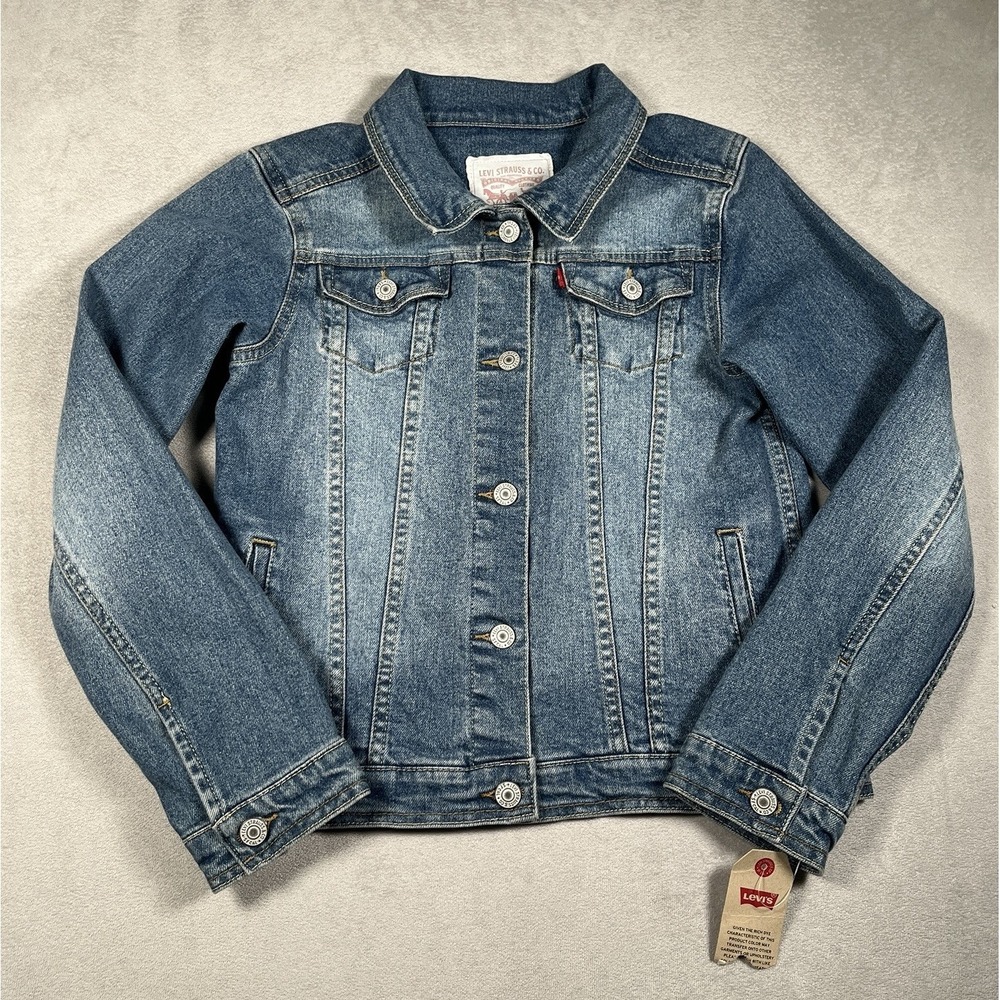 NWT-Levi's Girls' Med Wash Cotton Denim Button-Front Trucker Jacket XL 13-15 Yrs